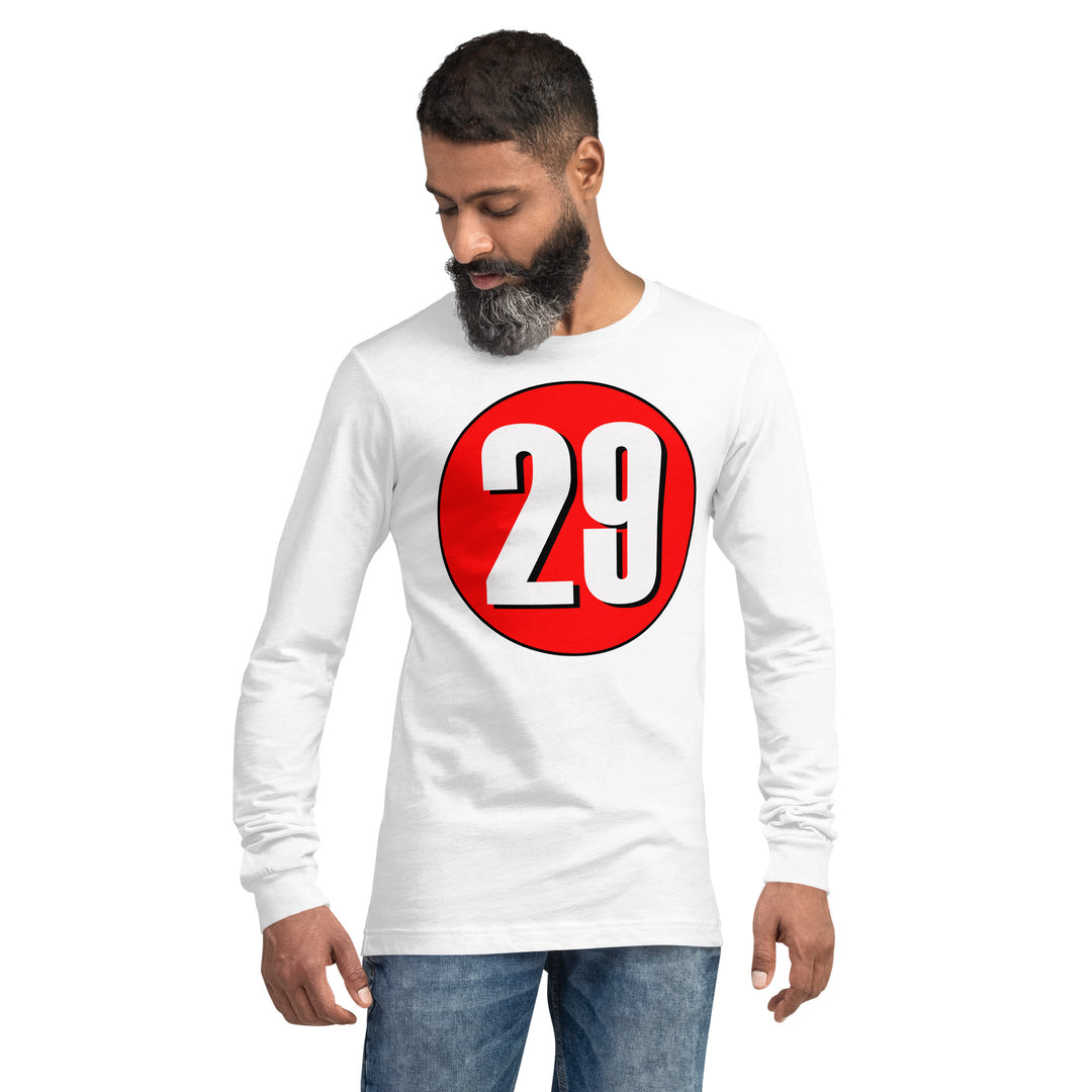 Unisex Long Sleeve Tee: White on Red 29