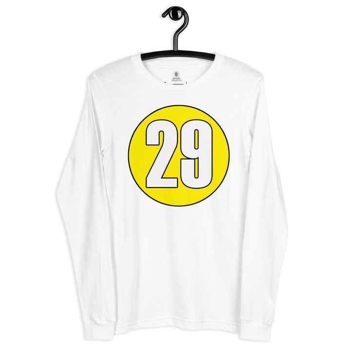 Unisex Long Sleeve Tee: White on Yellow 29