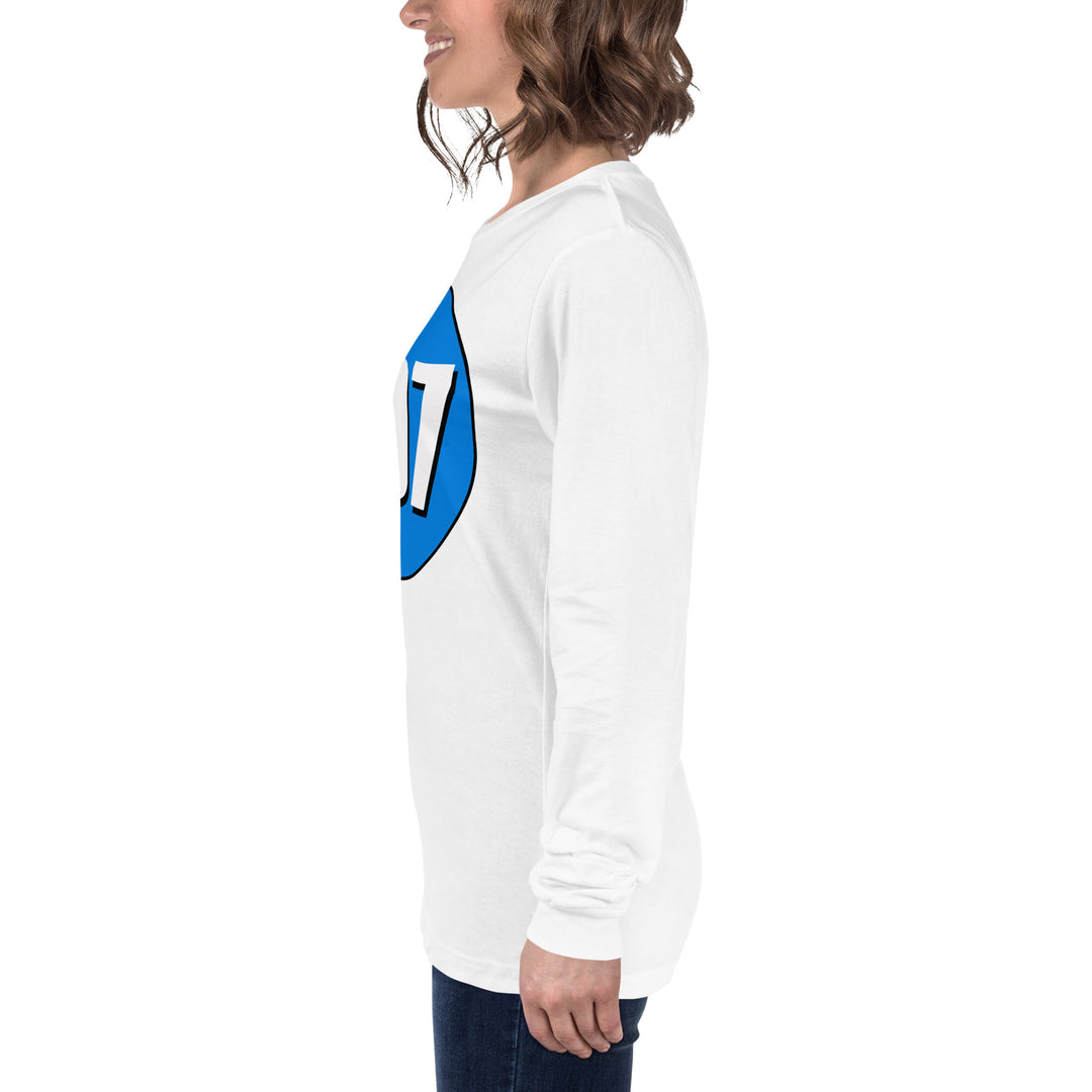 Unisex Long Sleeve Tee: White on Blue 007