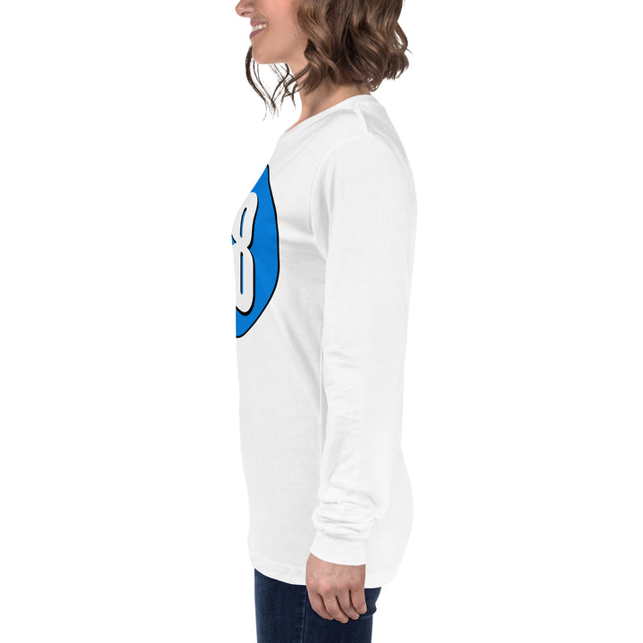 Unisex Long Sleeve Tee: White on Blue 08