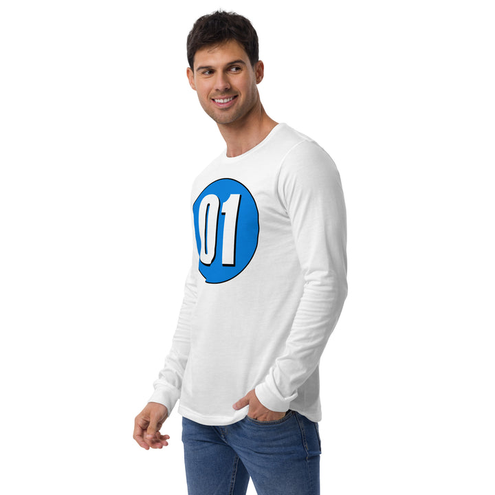 Unisex Long Sleeve Tee: White on Blue 01