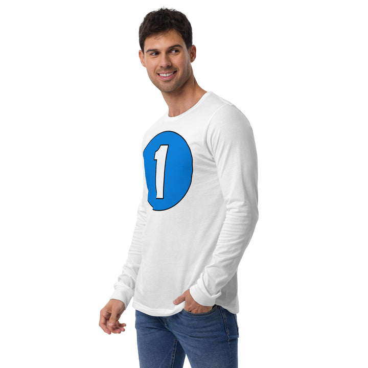 Unisex Long Sleeve Tee: White on Blue 1