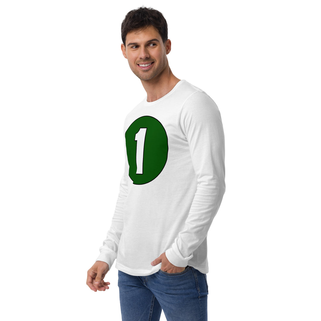 Unisex Long Sleeve Tee: White on Hunter Green 1