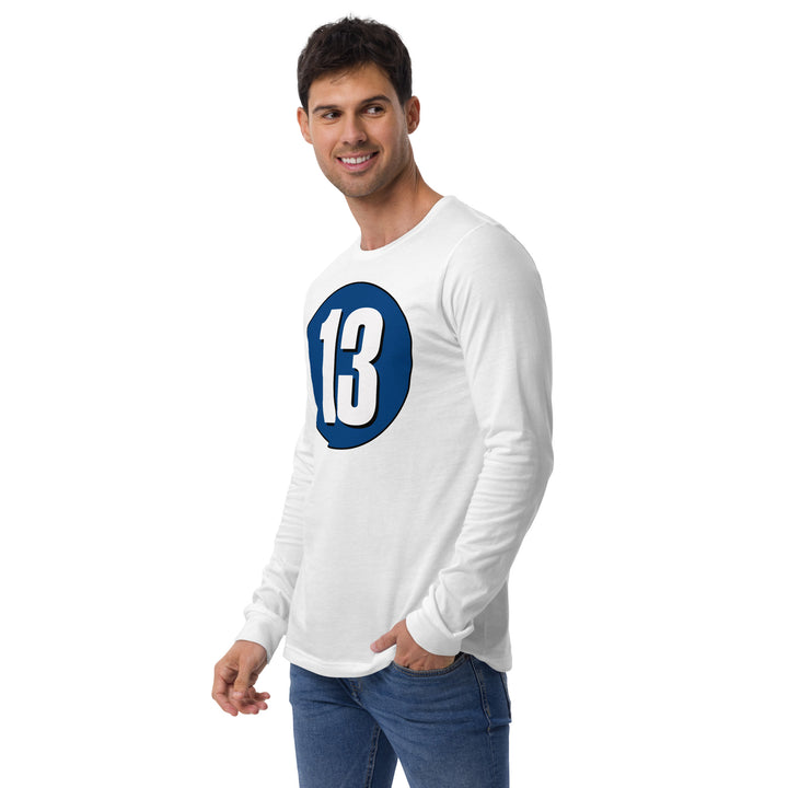 Unisex Long Sleeve Tee: White on Navy Blue 13