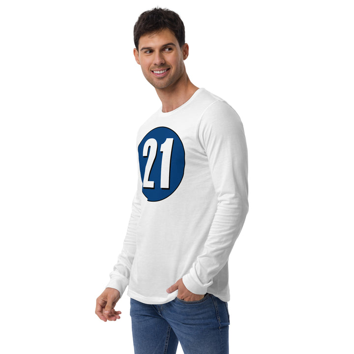 Unisex Long Sleeve Tee: White on Navy Blue 21