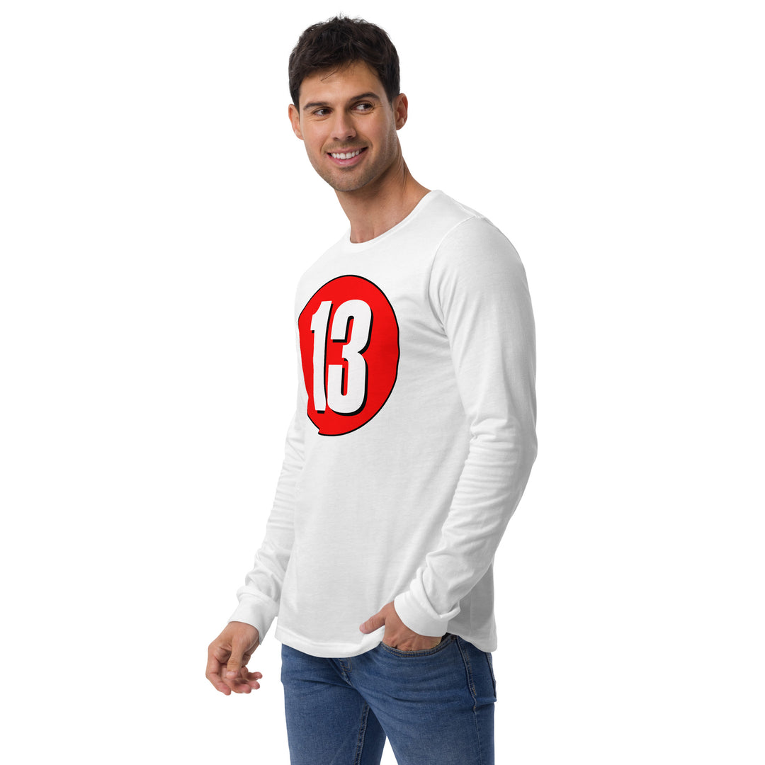 Unisex Long Sleeve Tee: White on Red 13