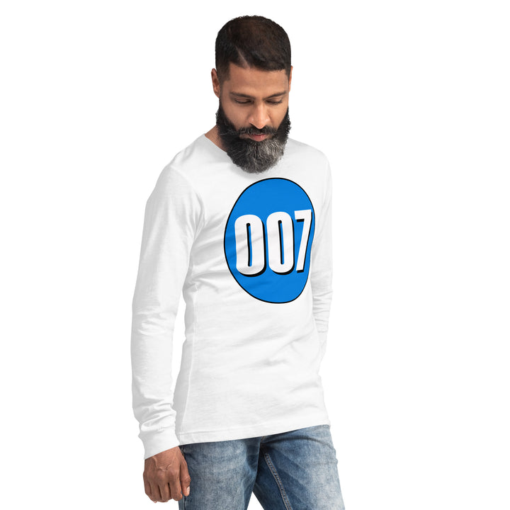 Unisex Long Sleeve Tee: White on Blue 007