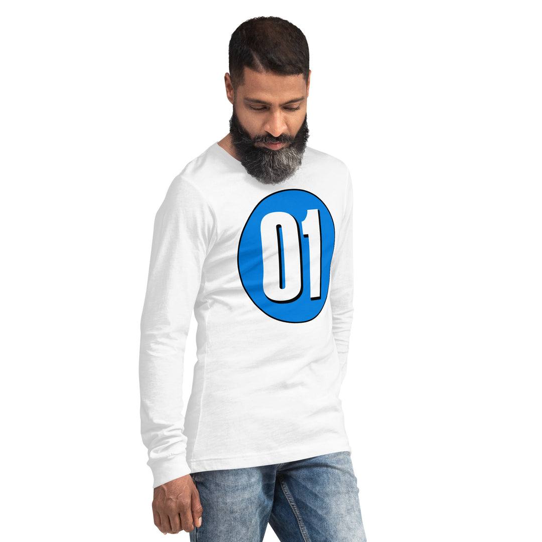 Unisex Long Sleeve Tee: White on Blue 01