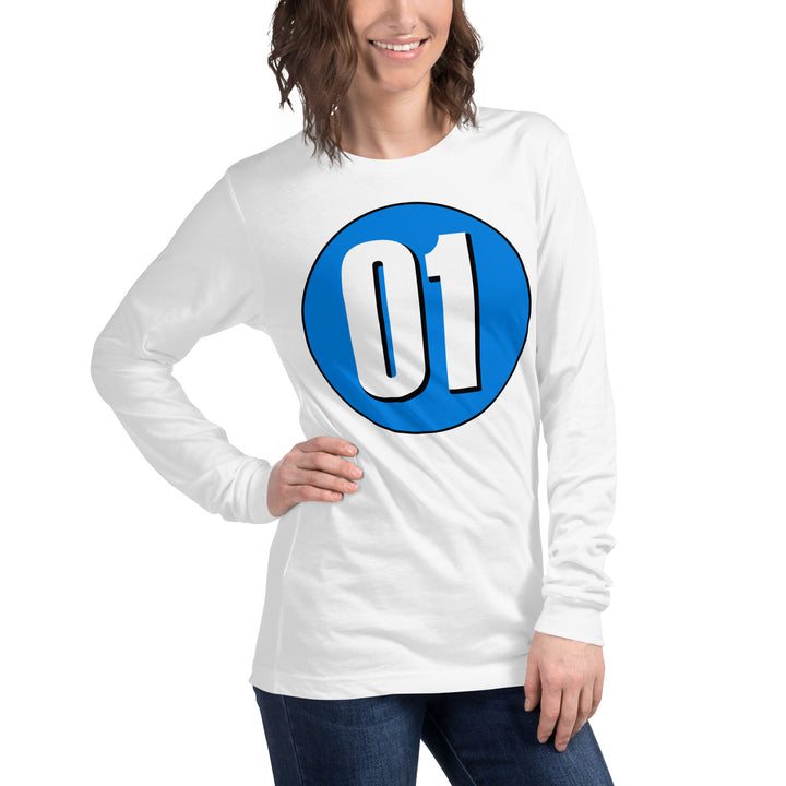 Unisex Long Sleeve Tee: White on Blue 01