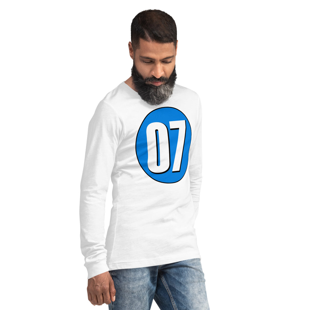 Unisex Long Sleeve Tee: White on Blue 07