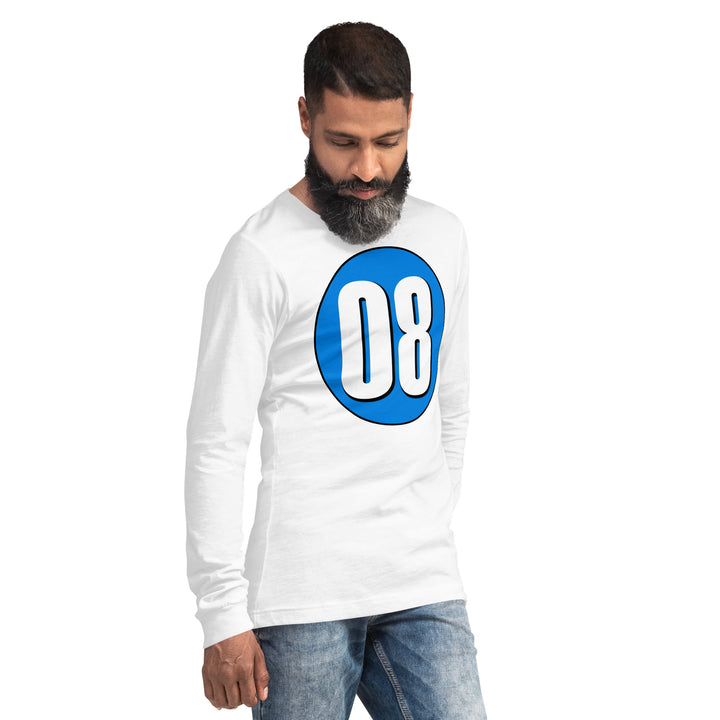 Unisex Long Sleeve Tee: White on Blue 08