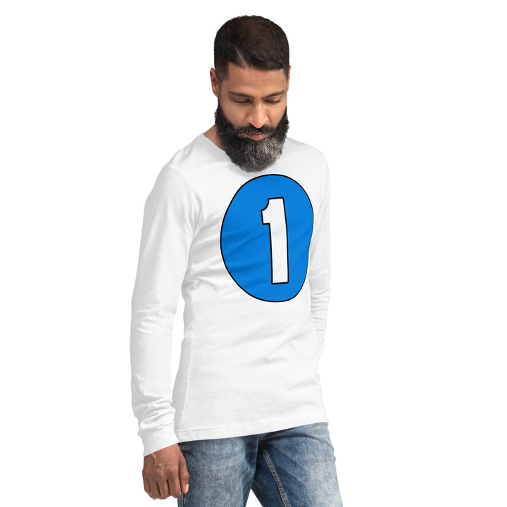 Unisex Long Sleeve Tee: White on Blue 1