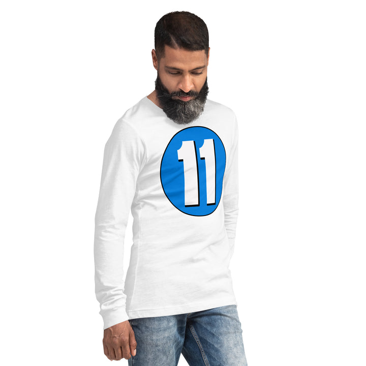 Unisex Long Sleeve Tee: White on Blue 11