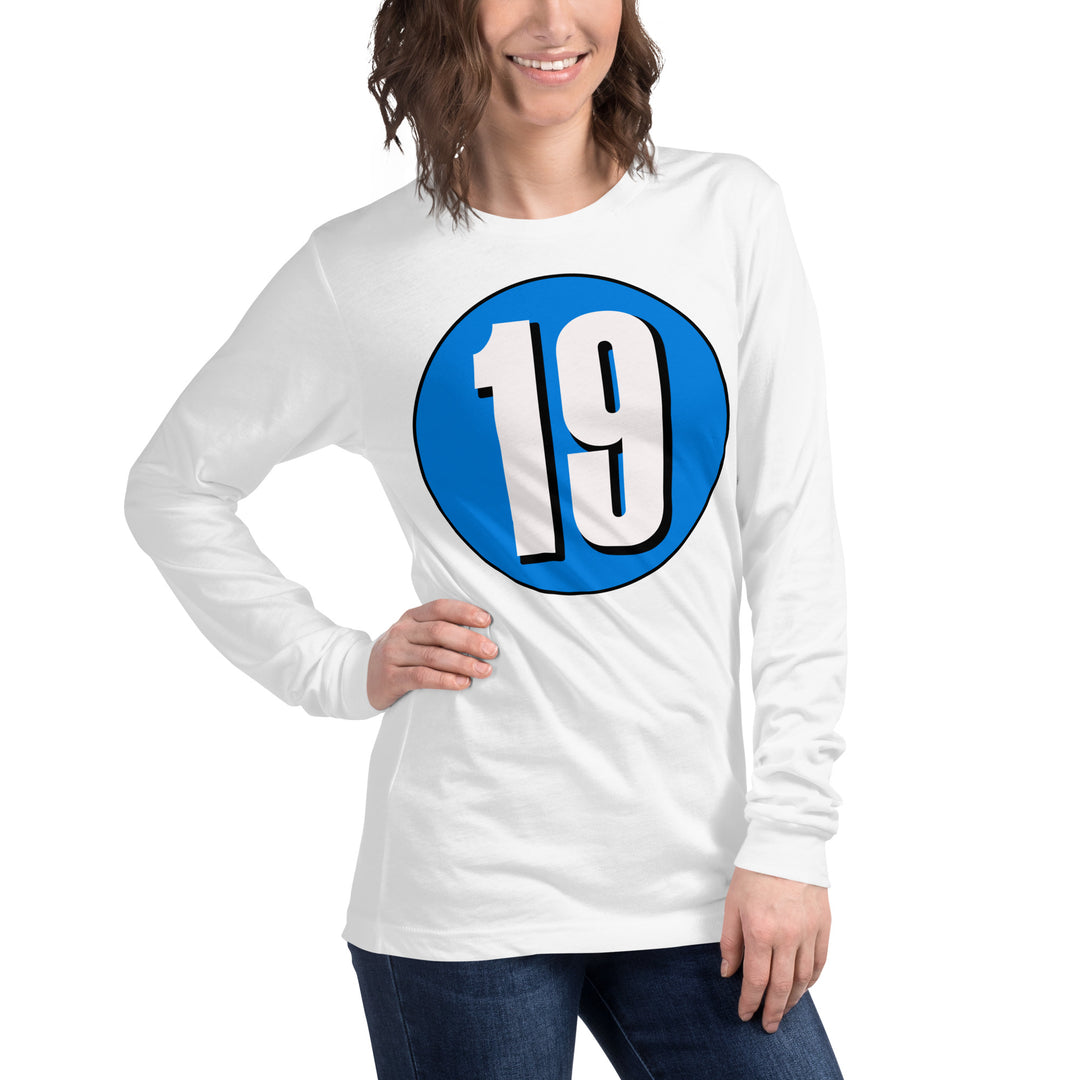 Unisex Long Sleeve Tee: White on Blue 19