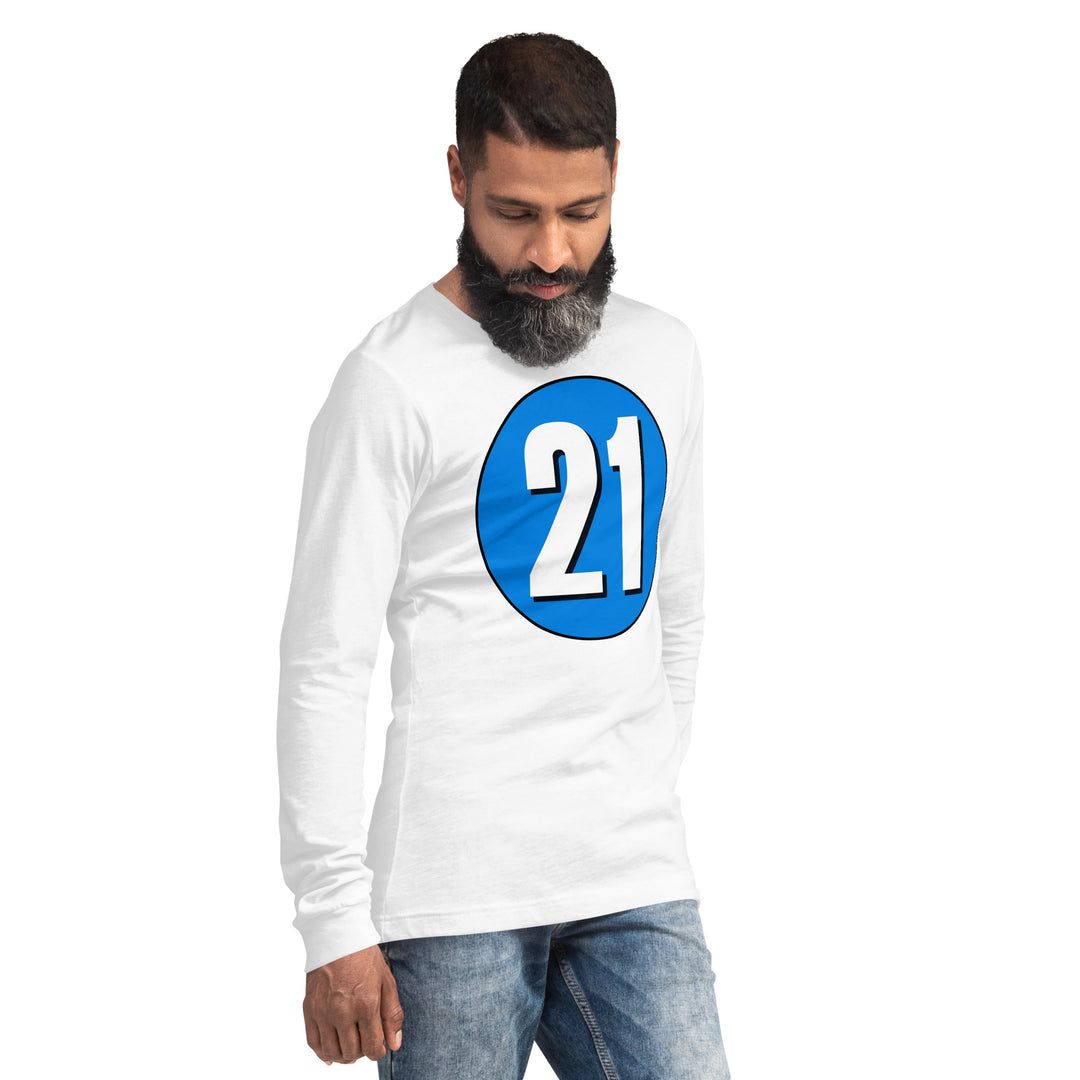 Unisex Long Sleeve Tee: White on Blue 21