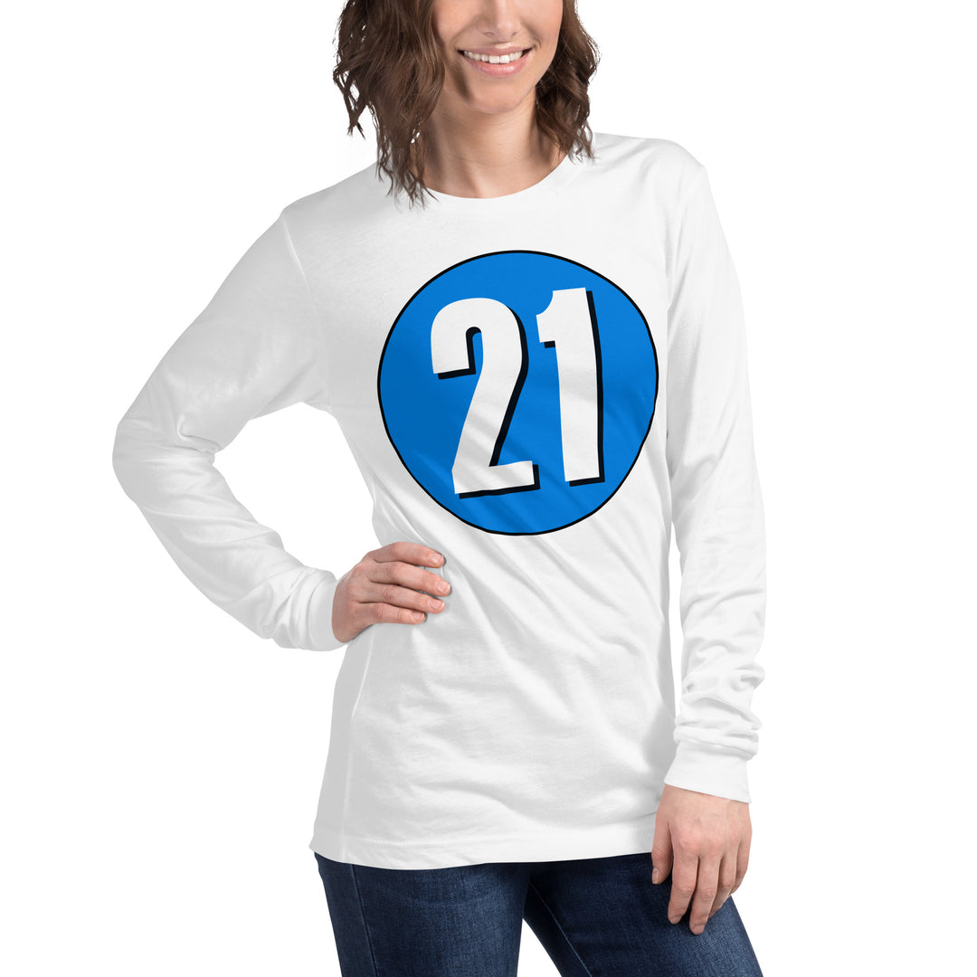 Unisex Long Sleeve Tee: White on Blue 21