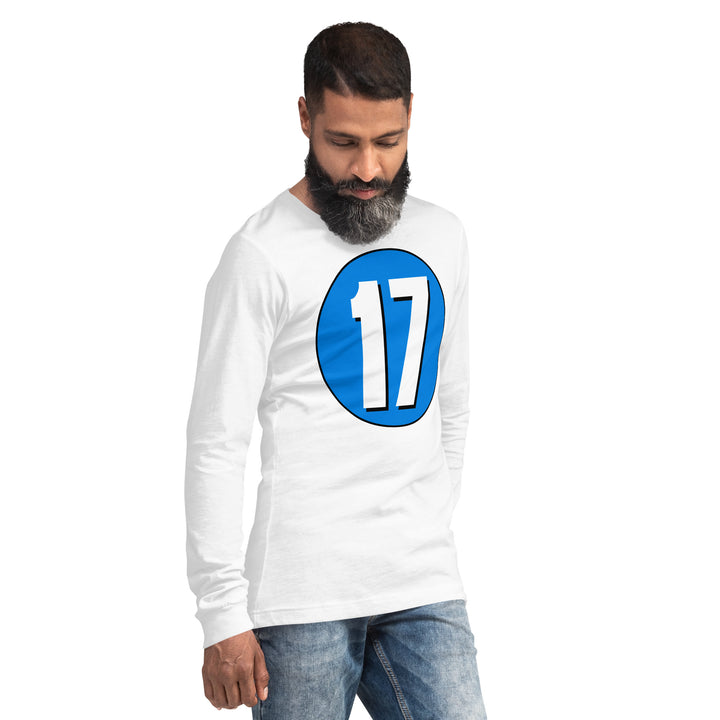 Unisex Long Sleeve Tee: White on Blue 17