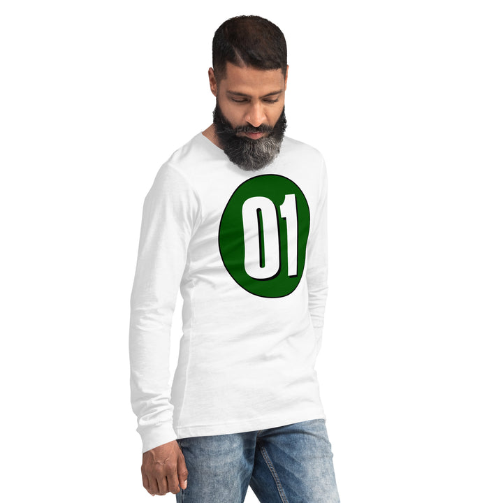 Unisex Long Sleeve Tee: White on Hunter Green 01