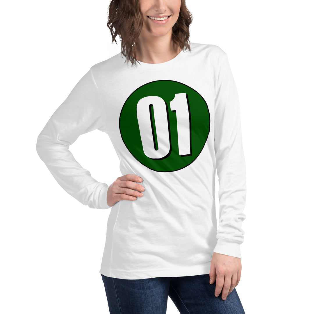 Unisex Long Sleeve Tee: White on Hunter Green 01