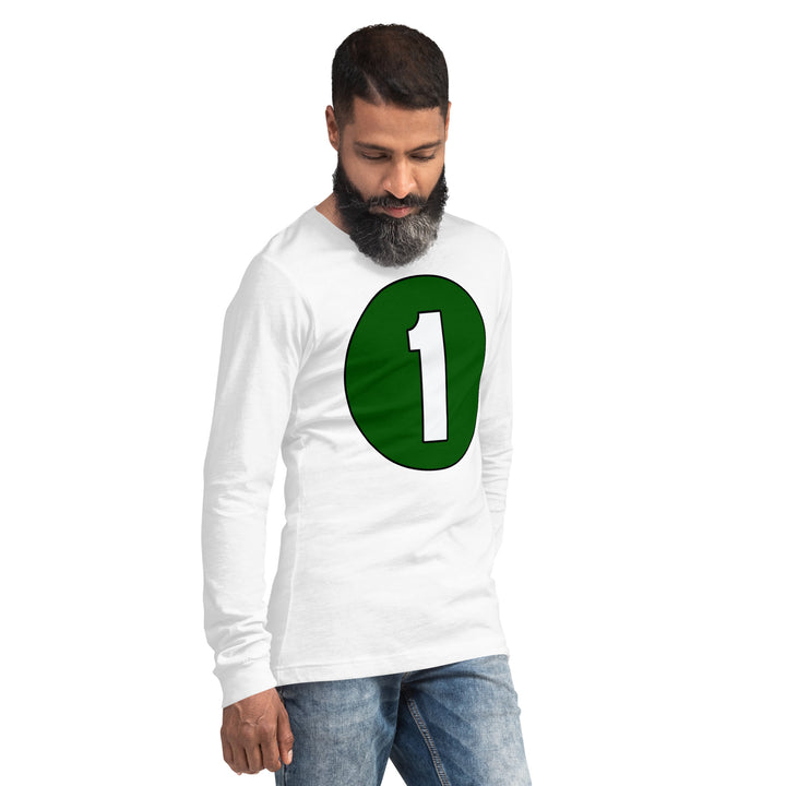 Unisex Long Sleeve Tee: White on Hunter Green 1