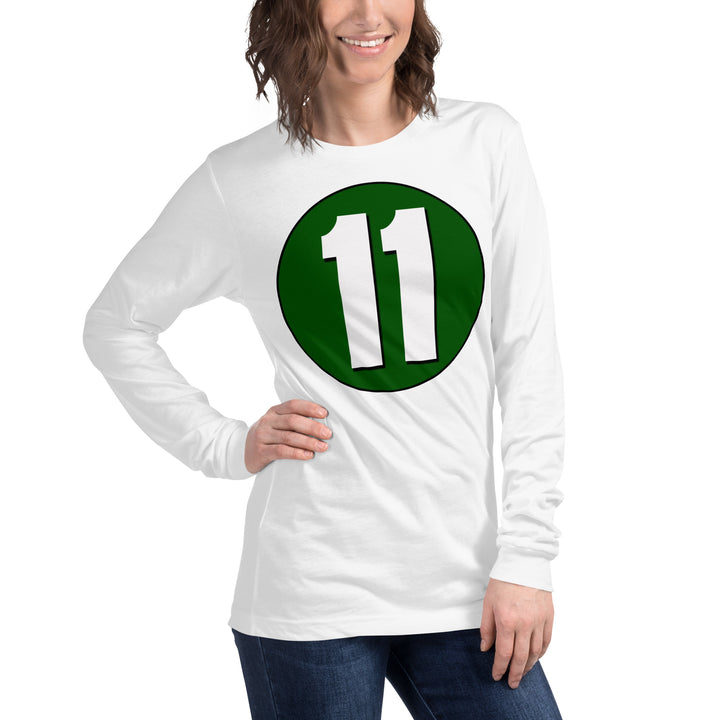 Unisex Long Sleeve Tee: White on Hunter Green 11