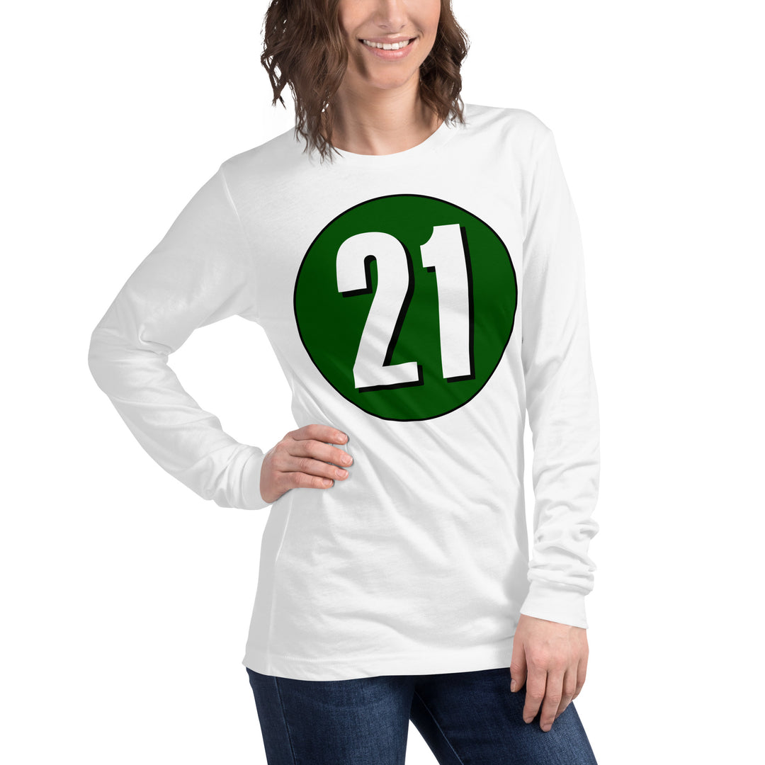 Unisex Long Sleeve Tee: White on Hunter Green 21