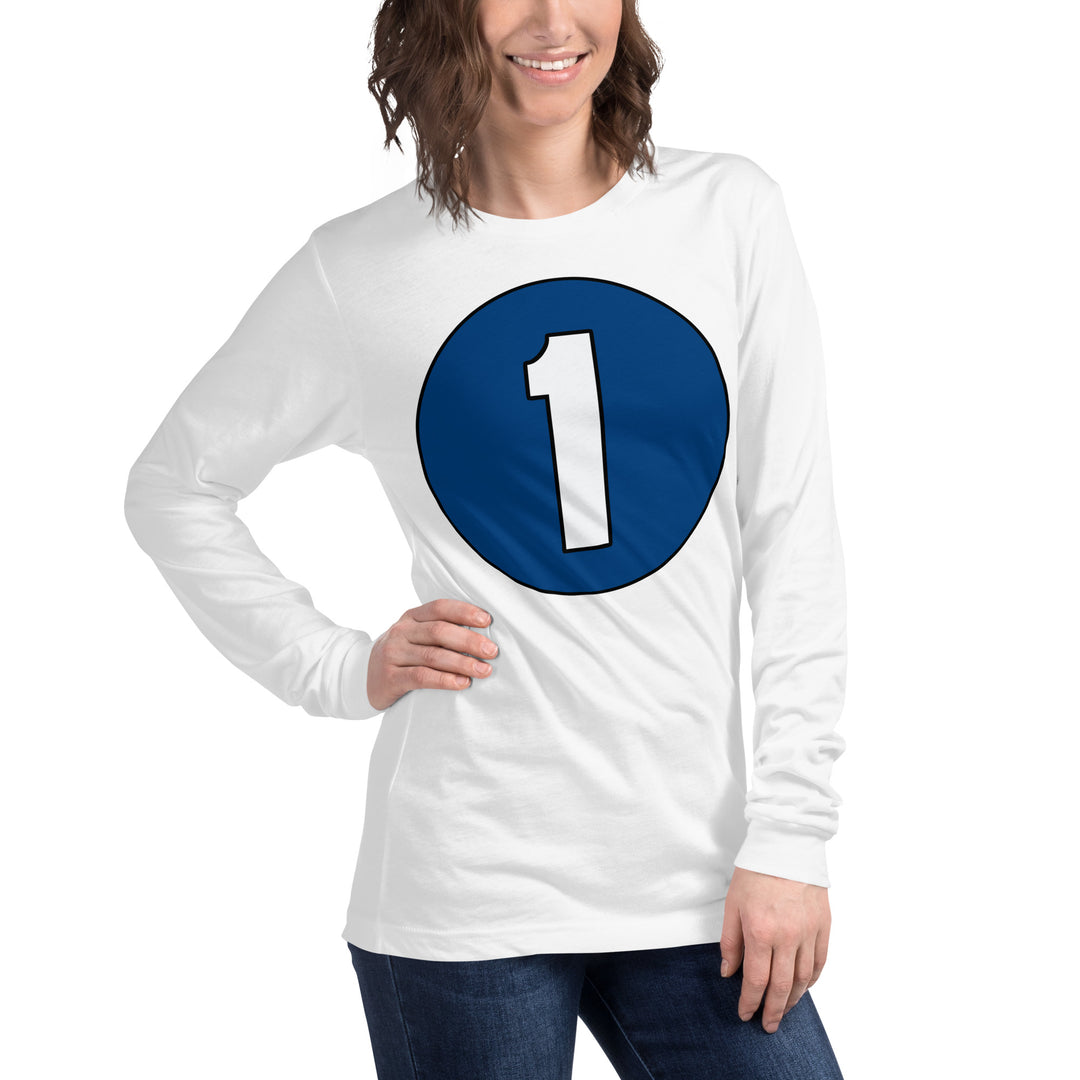 Unisex Long Sleeve Tee: White on Navy Blue 1