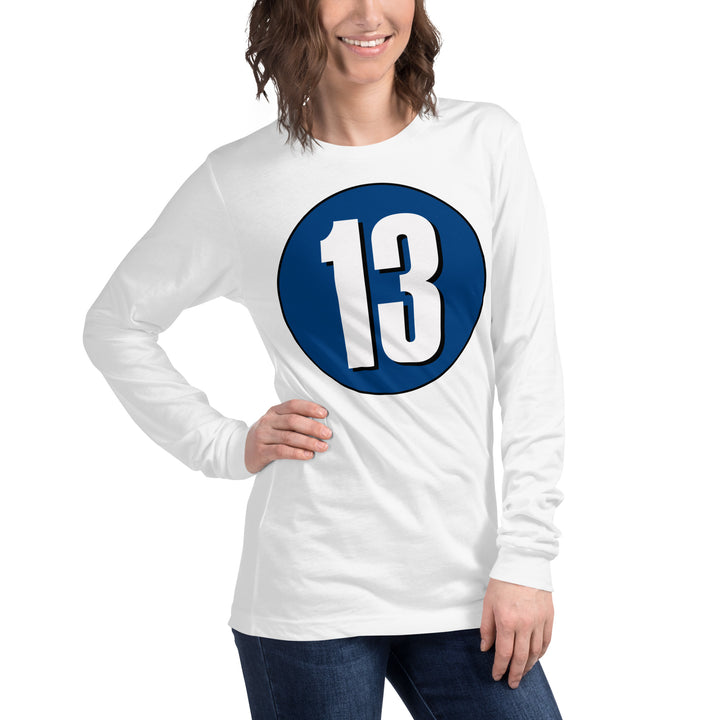 Unisex Long Sleeve Tee: White on Navy Blue 13