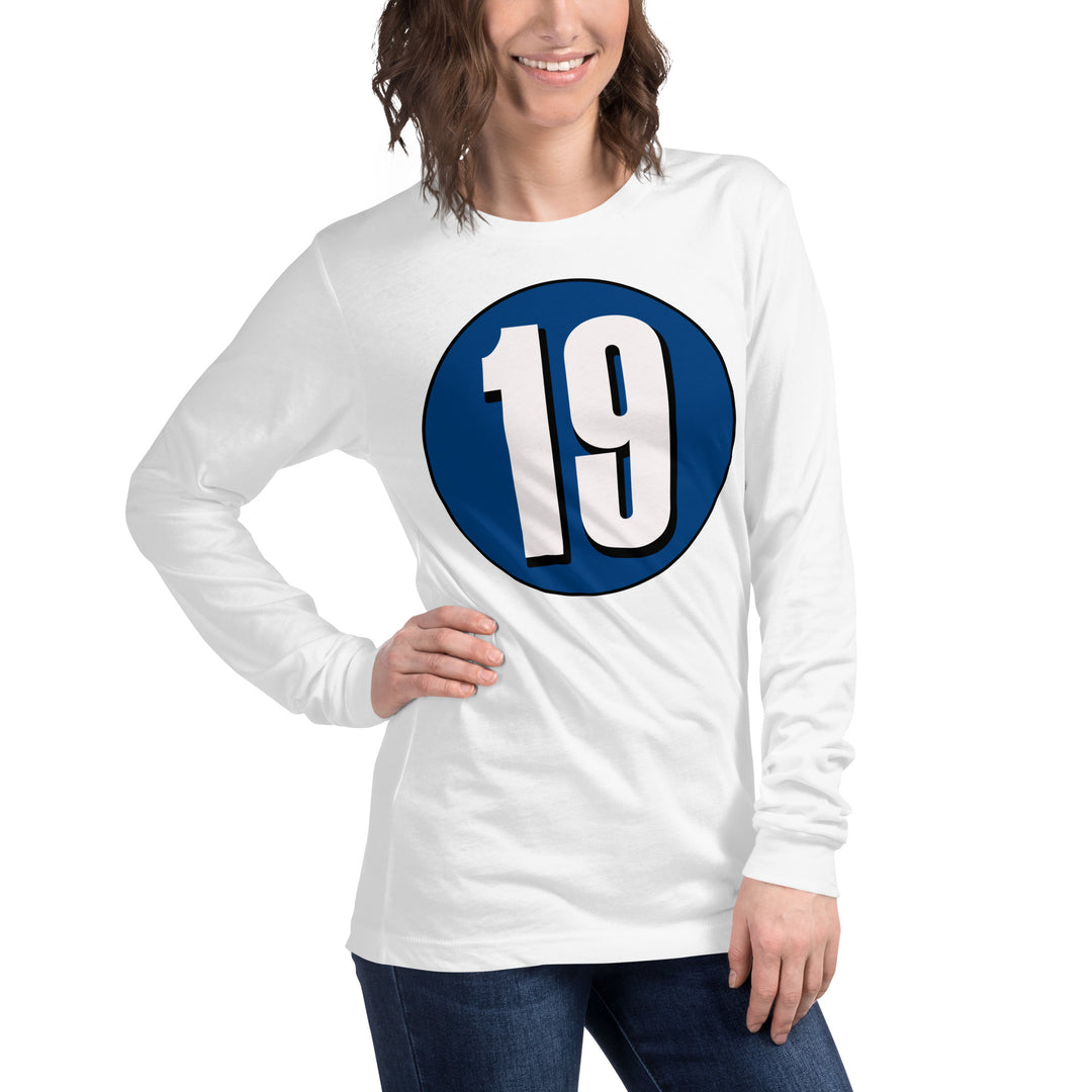 Unisex Long Sleeve Tee: White on Navy Blue 19