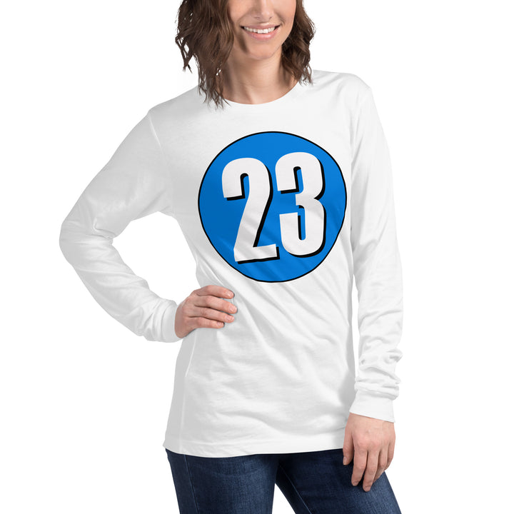 Unisex Long Sleeve Tee: White on Blue 23