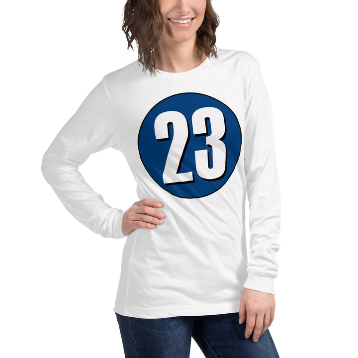 Unisex Long Sleeve Tee: White on Navy Blue 23