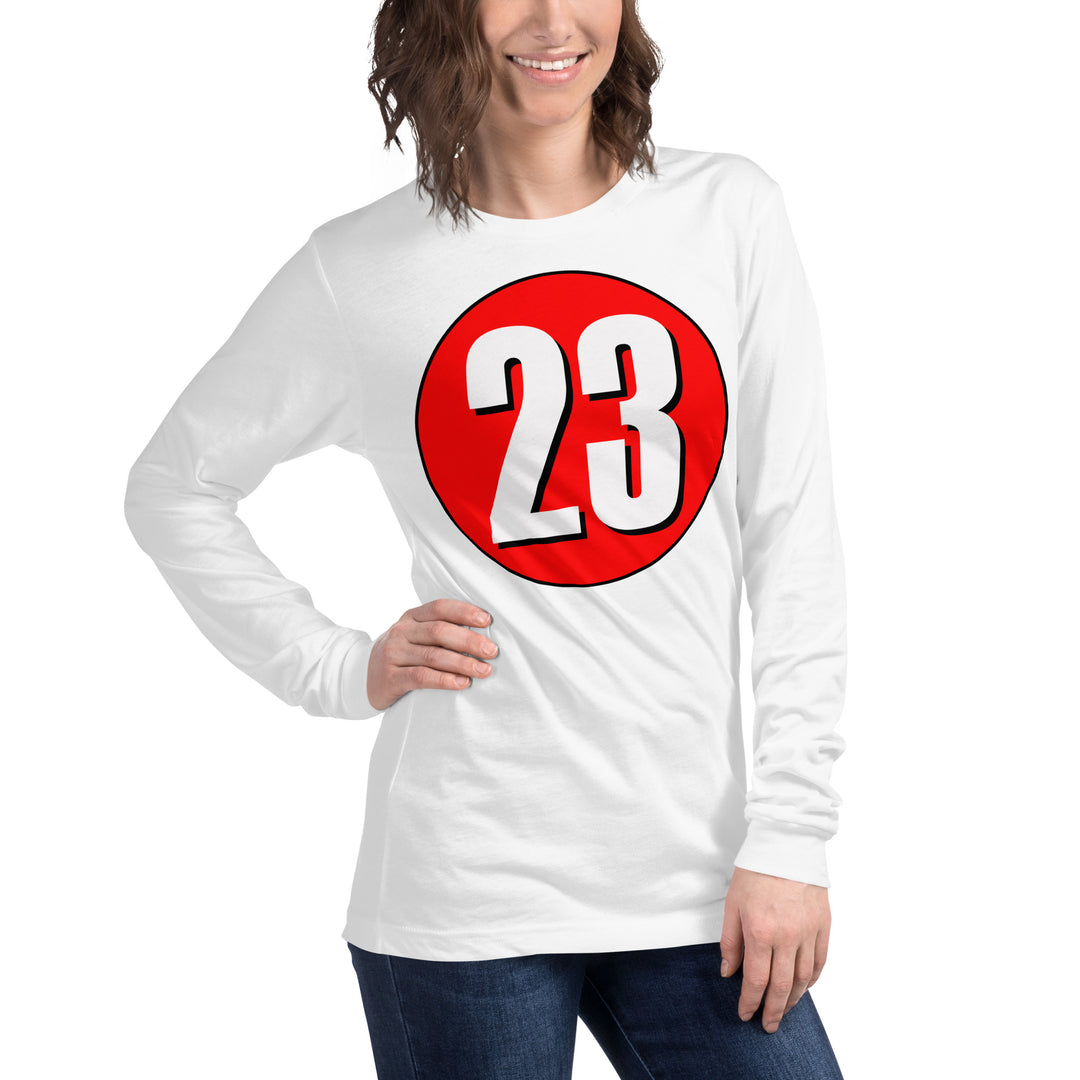 Unisex Long Sleeve Tee: White on Red 23