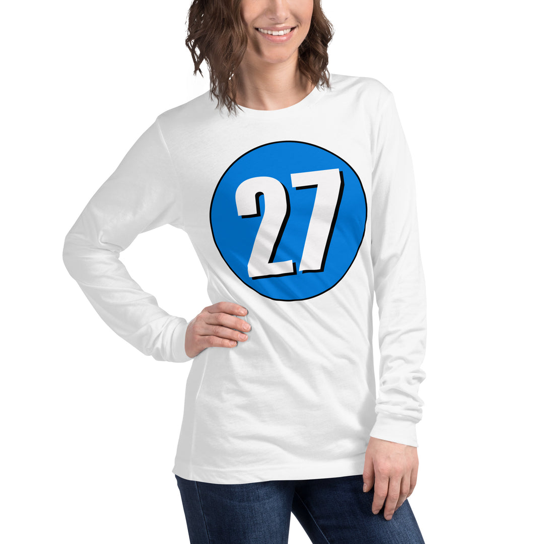 Unisex Long Sleeve Tee: White on Blue 27