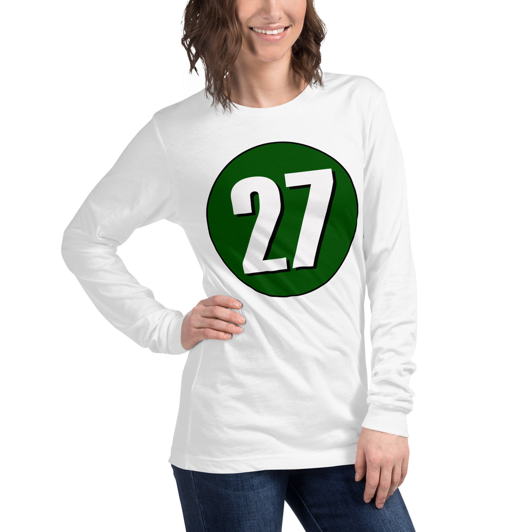 Unisex Long Sleeve Tee: White on Hunter Green 27