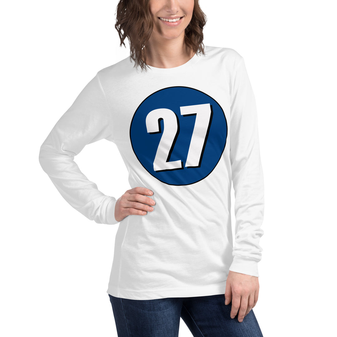 Unisex Long Sleeve Tee: White on Navy Blue 27