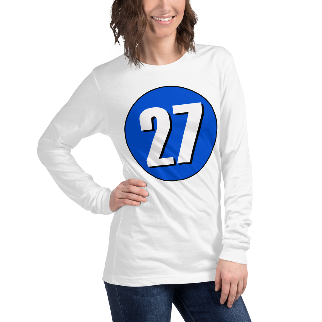 Unisex Long Sleeve Tee: White on Periwinkle 27