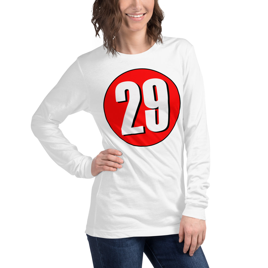 Unisex Long Sleeve Tee: White on Red 29