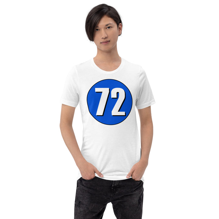 Unisex t-shirt: White on Periwinkle 72