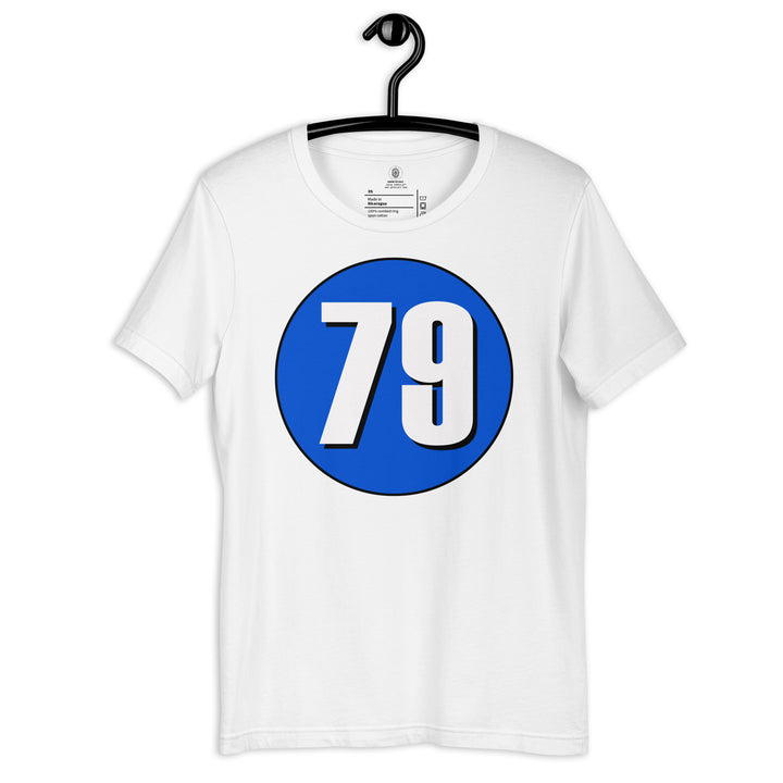 Unisex t-shirt: White on Periwinkle 79