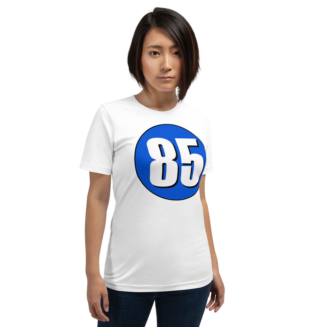 Unisex t-shirt: White on Periwinkle 85