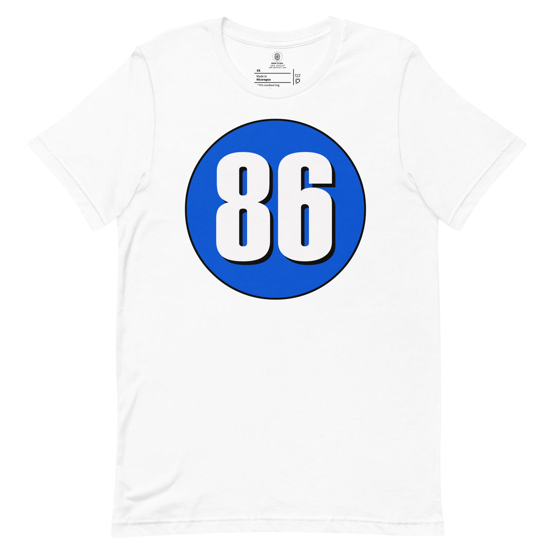 Unisex t-shirt: White on Periwinkle 86