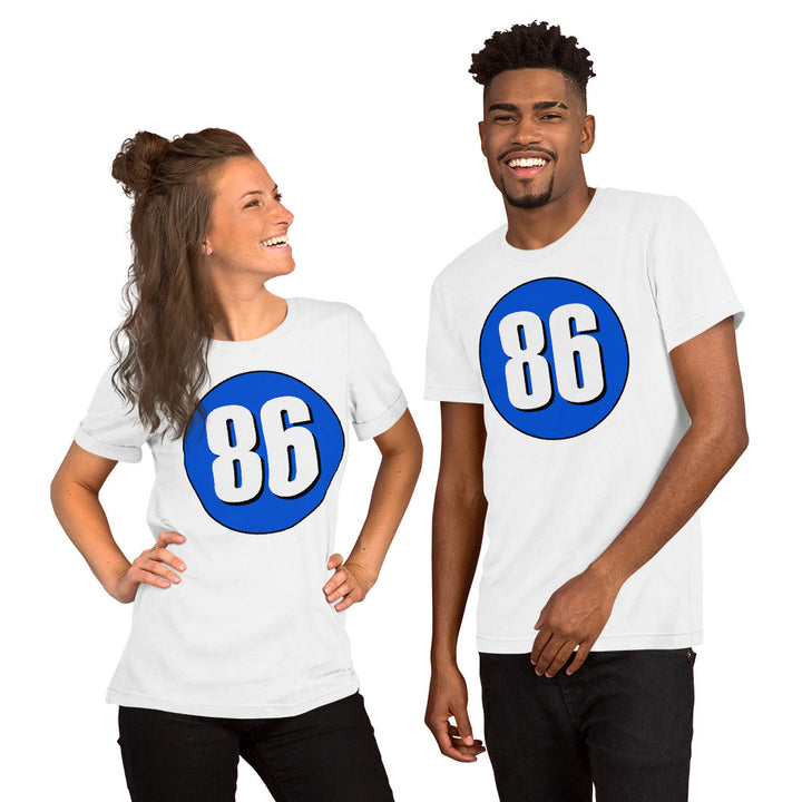 Unisex t-shirt: White on Periwinkle 86