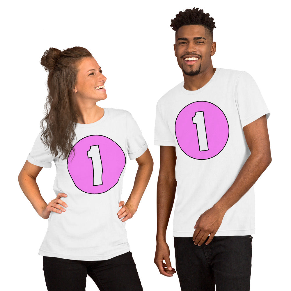 Unisex t-shirt: White on Pink 1