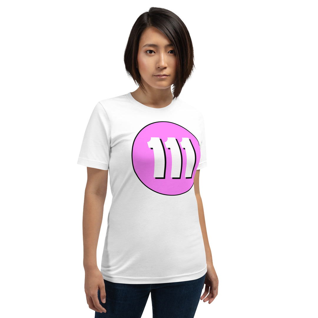 Unisex t-shirt: White on Pink 111