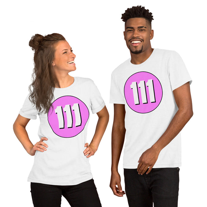 Unisex t-shirt: White on Pink 111