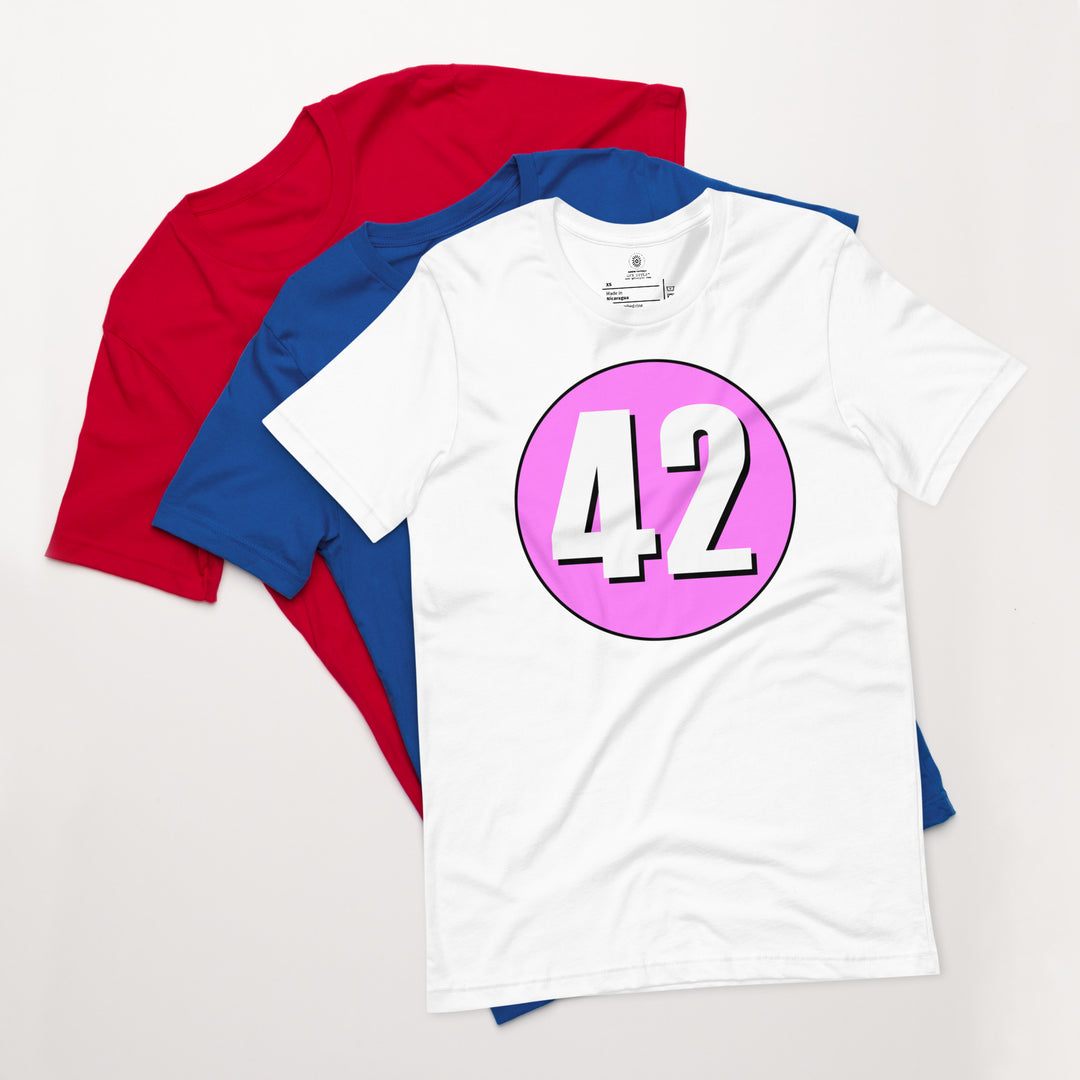 Unisex t-shirt: White on Pink 42