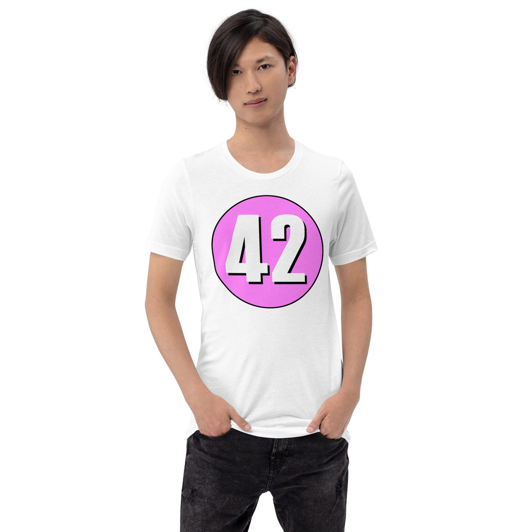 Unisex t-shirt: White on Pink 42