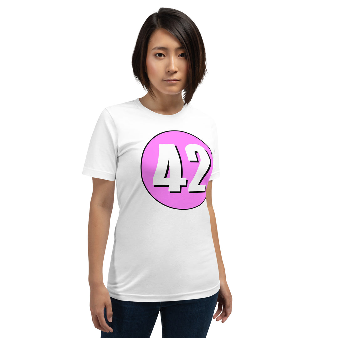 Unisex t-shirt: White on Pink 42