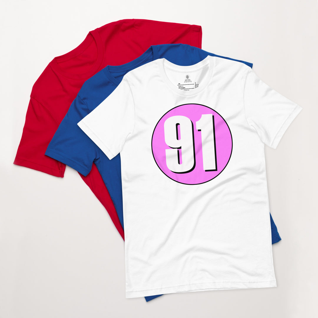 Unisex t-shirt: White on Pink 91