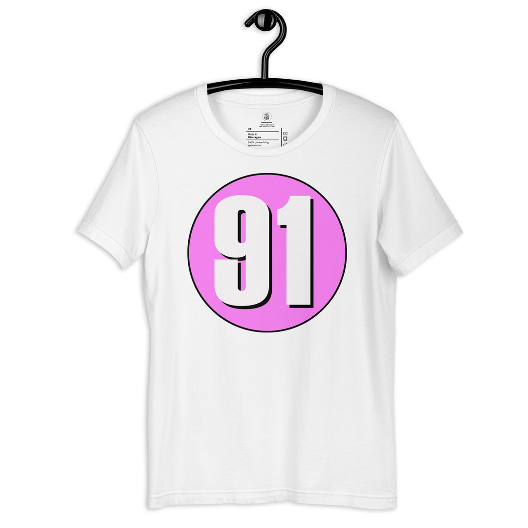 Unisex t-shirt: White on Pink 91